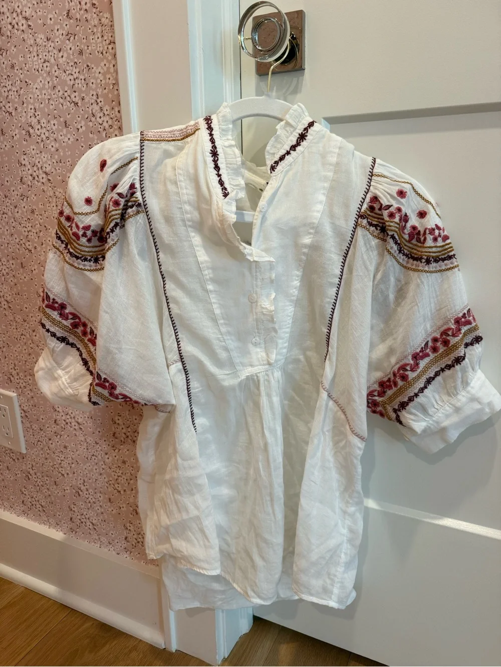 Anthropologie White Peasant Blouse with Multicolor Embroidery